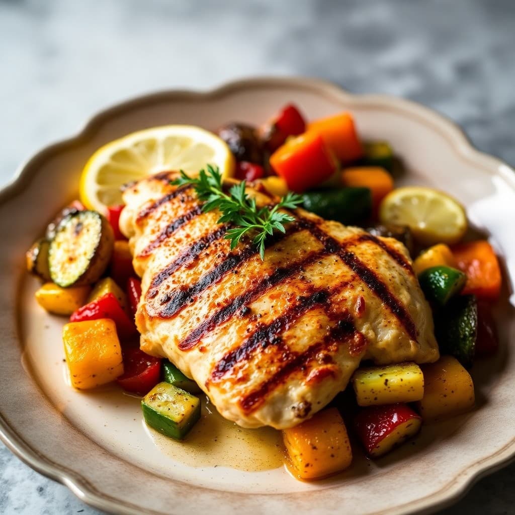 Grilled Lemon Garlic Chicken with Roasted Veggie Medley
