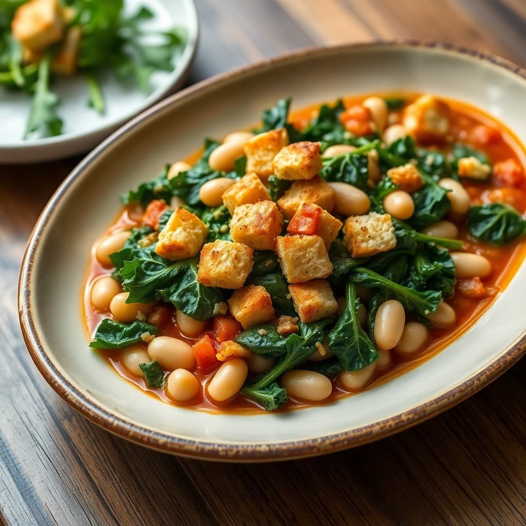 Portuguese White Bean & Kale Braise with Crispy Garlic Croutons
