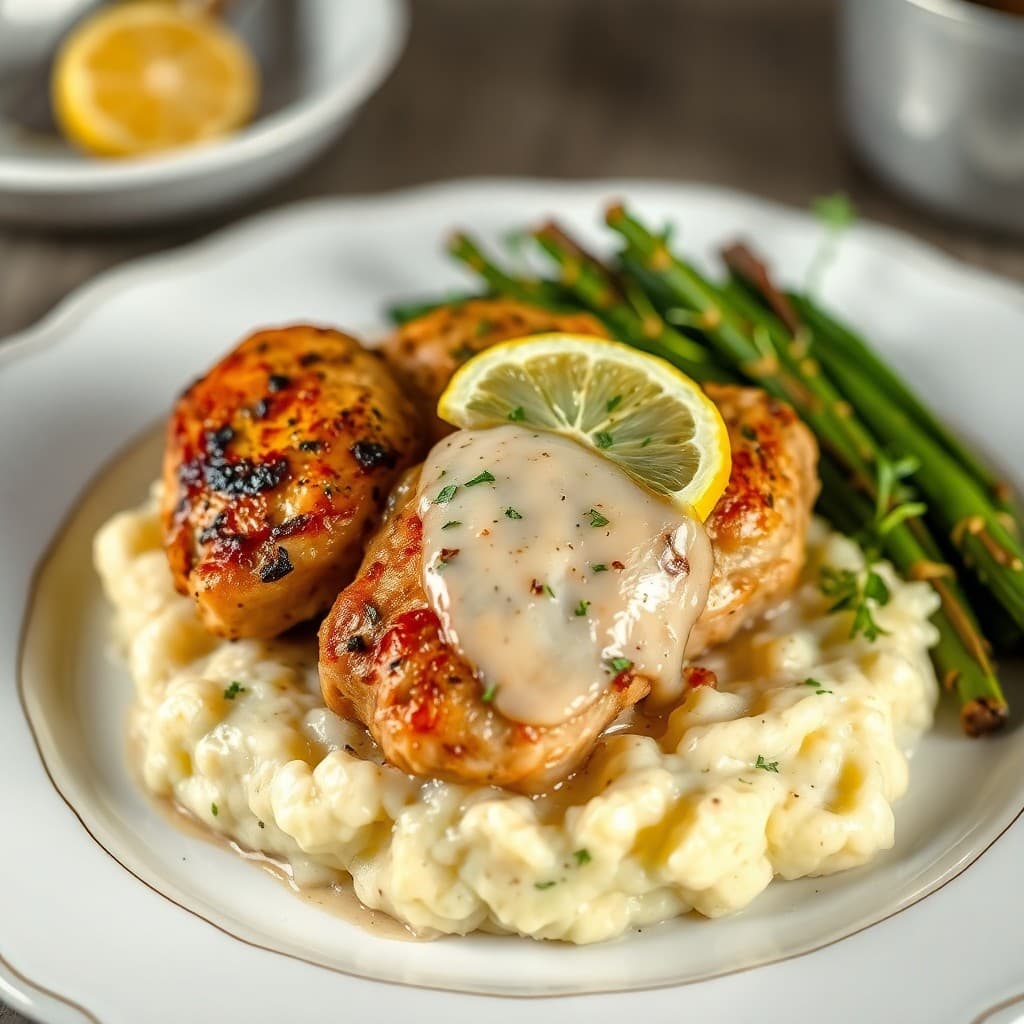 Roasted Garlic Chicken with Cauliflower Mash