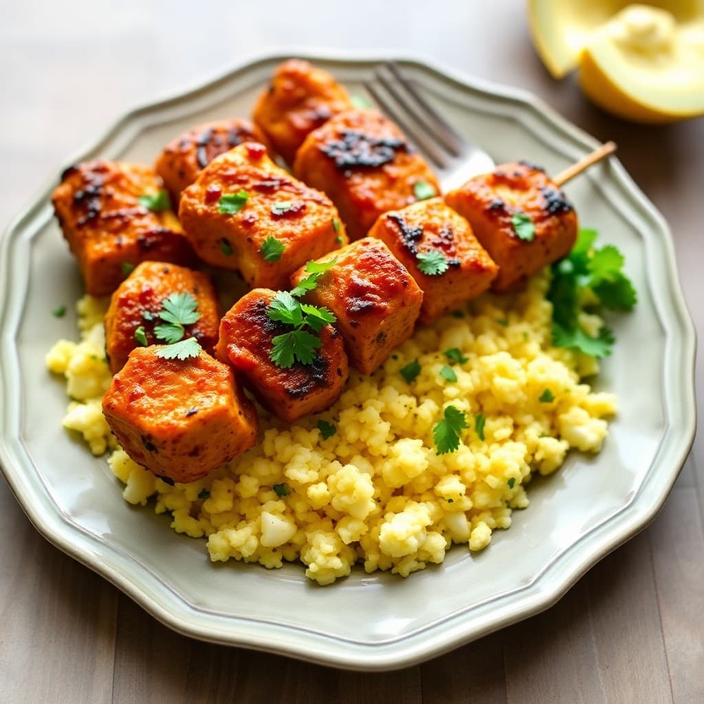 Zesty Spanish Chicken Pinchos with Saffron Cauliflower Rice