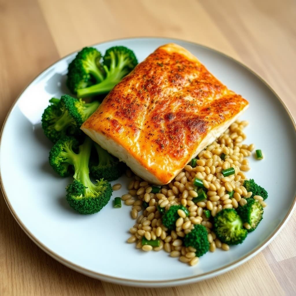 Seared Chili-Lime Salmon with Roasted Broccoli and Farro