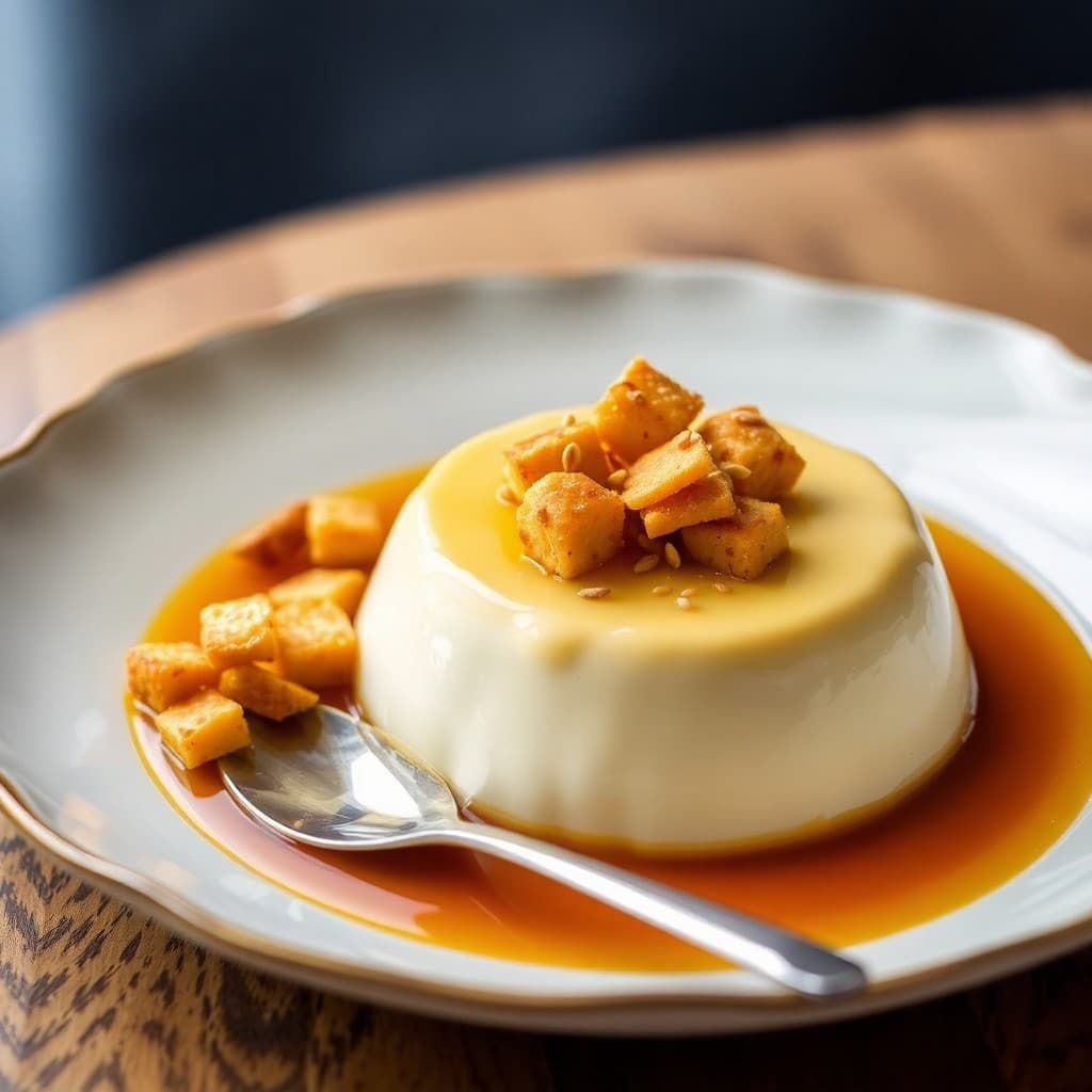 Thai Mango-Coconut Flan with Crispy Tofu Caramel Shards