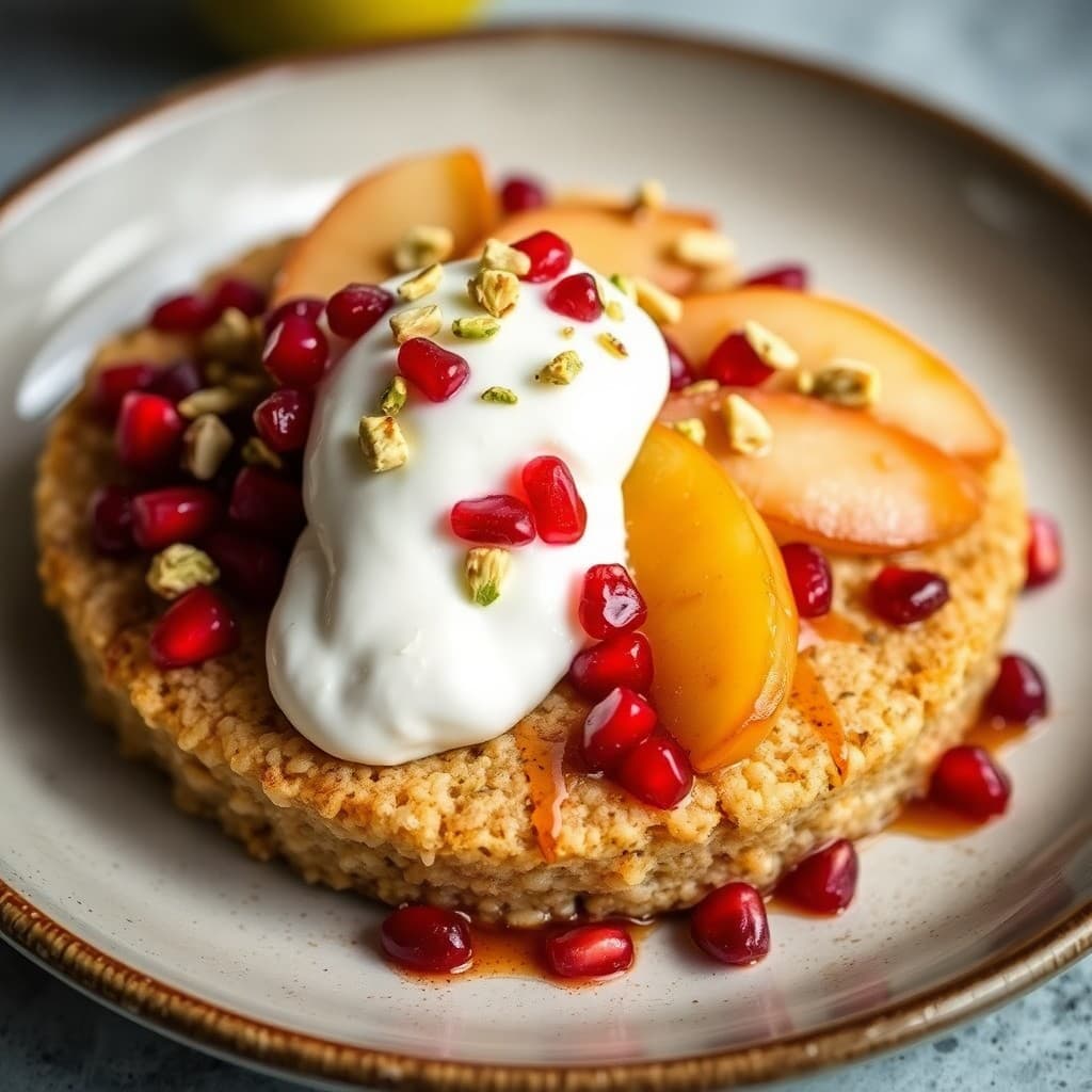 Turkish Roasted Pear & Pomegranate Semolina Cake with Whipped Yogurt & Crushed Pistachios