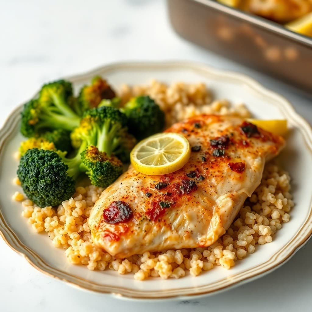 Baked Lemon Garlic Chicken with Roasted Broccoli and Quinoa