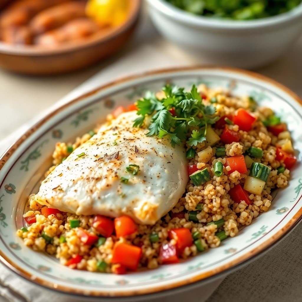 Lemon Garlic Baked Halibut with Mediterranean Quinoa