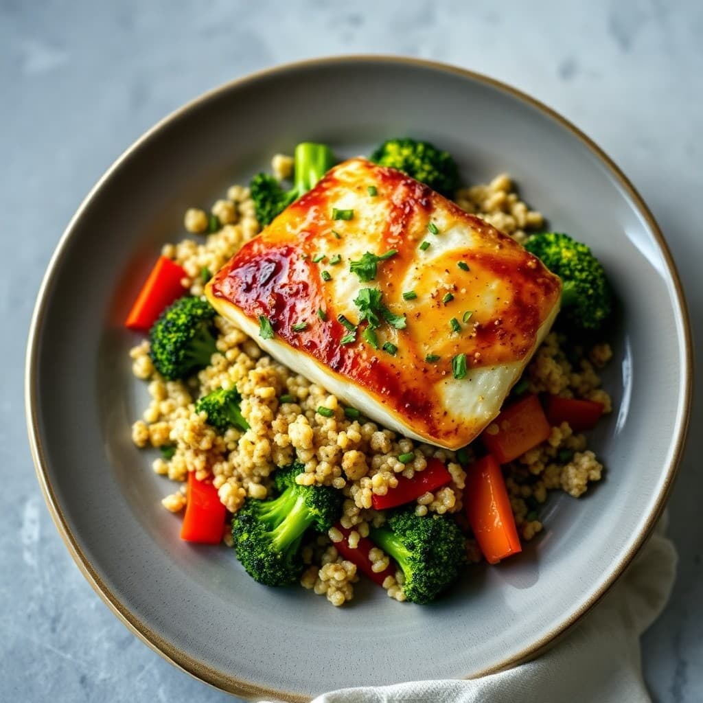 Seared Miso-Glazed Cod with Roasted Broccoli and Quinoa Salad