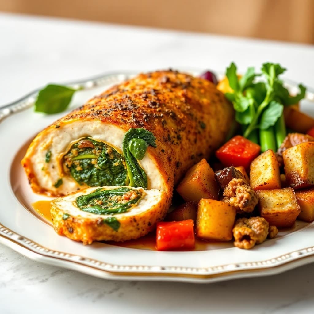 Tuscan Chicken Roulade with Spinach and Roasted Vegetables