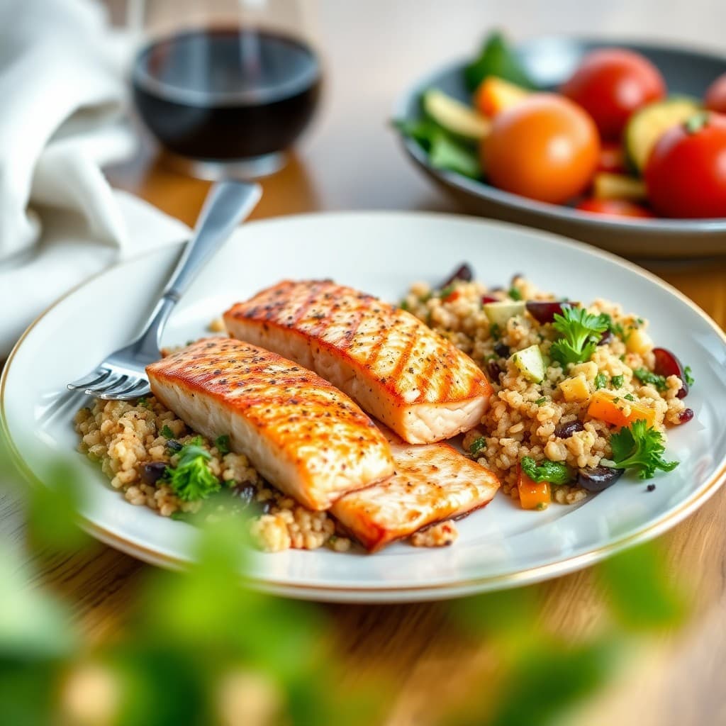 Zesty Seared Salmon with Roasted Veggie Quinoa Medley