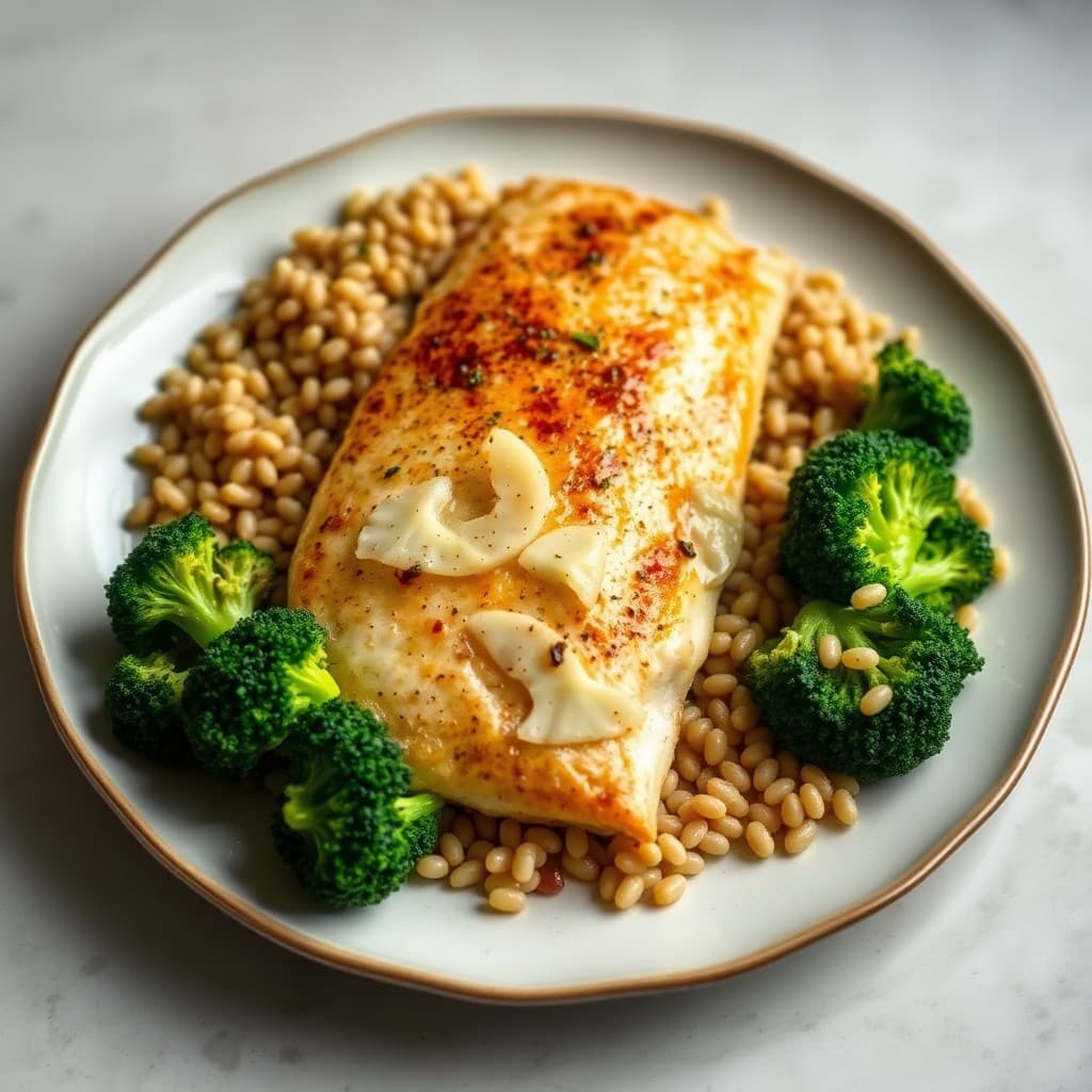 Seared Garlic Ginger Tilapia with Roasted Broccoli and Lemon Farro