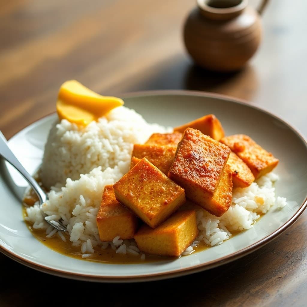 Thai-Inspired Crispy Tofu with Coconut Broth and Jasmine Rice