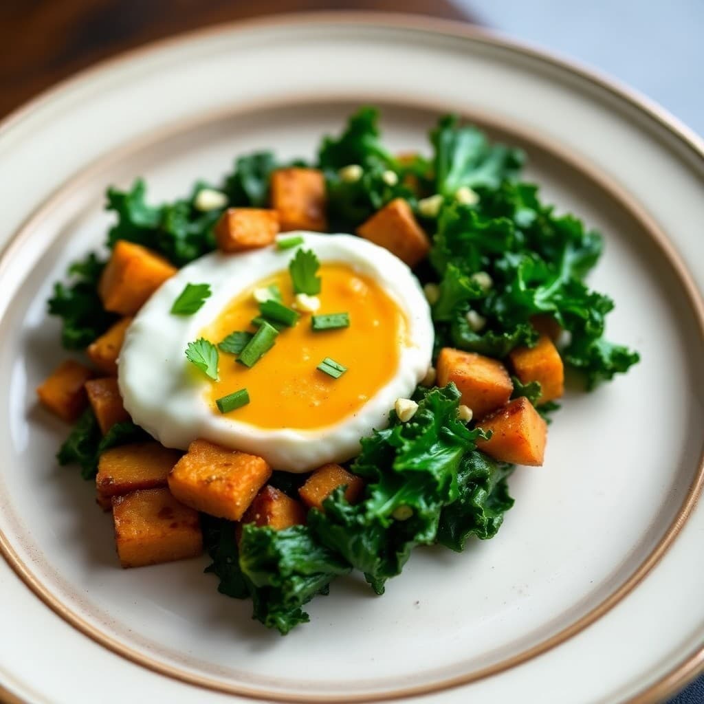 Sautéed Kale and Roasted Sweet Potato Breakfast Bowl