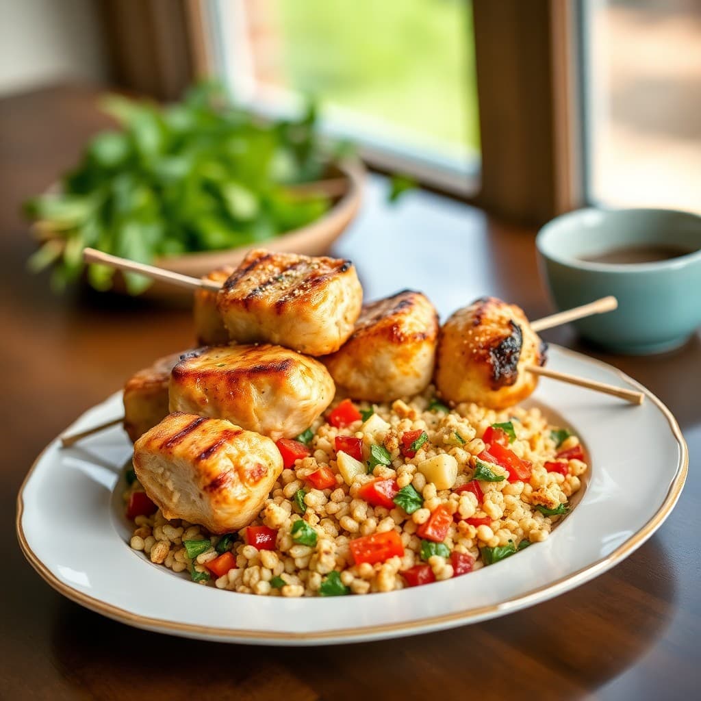 Tuscan Chicken Skewers with Roasted Vegetable Couscous