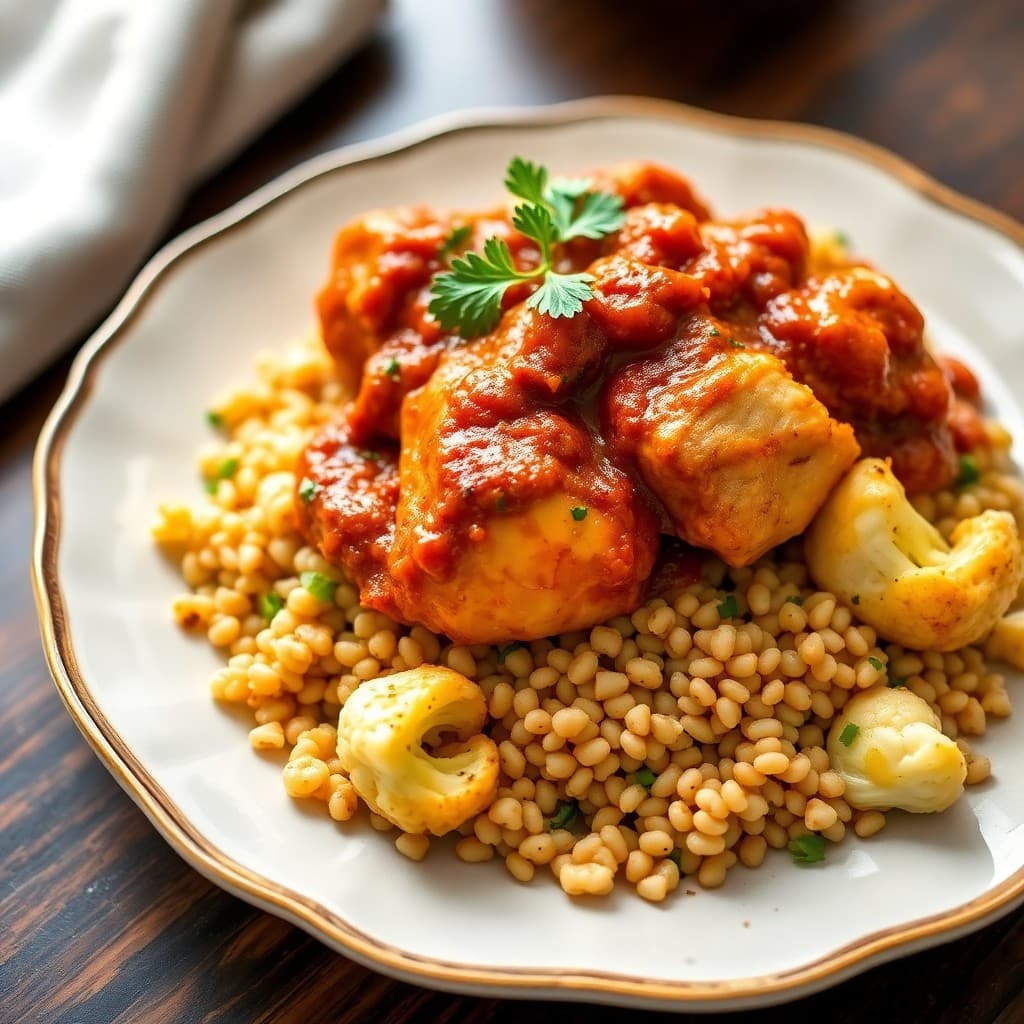 Zesty Moroccan Chicken Tagine with Roasted Cauliflower and Farro