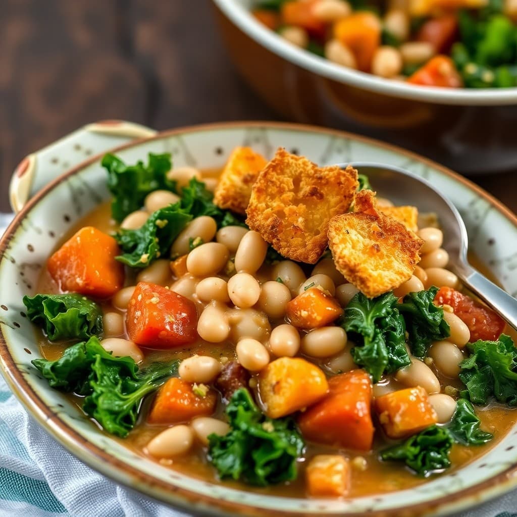 Portuguese White Bean & Kale Stew with Crispy Tempeh Croutons