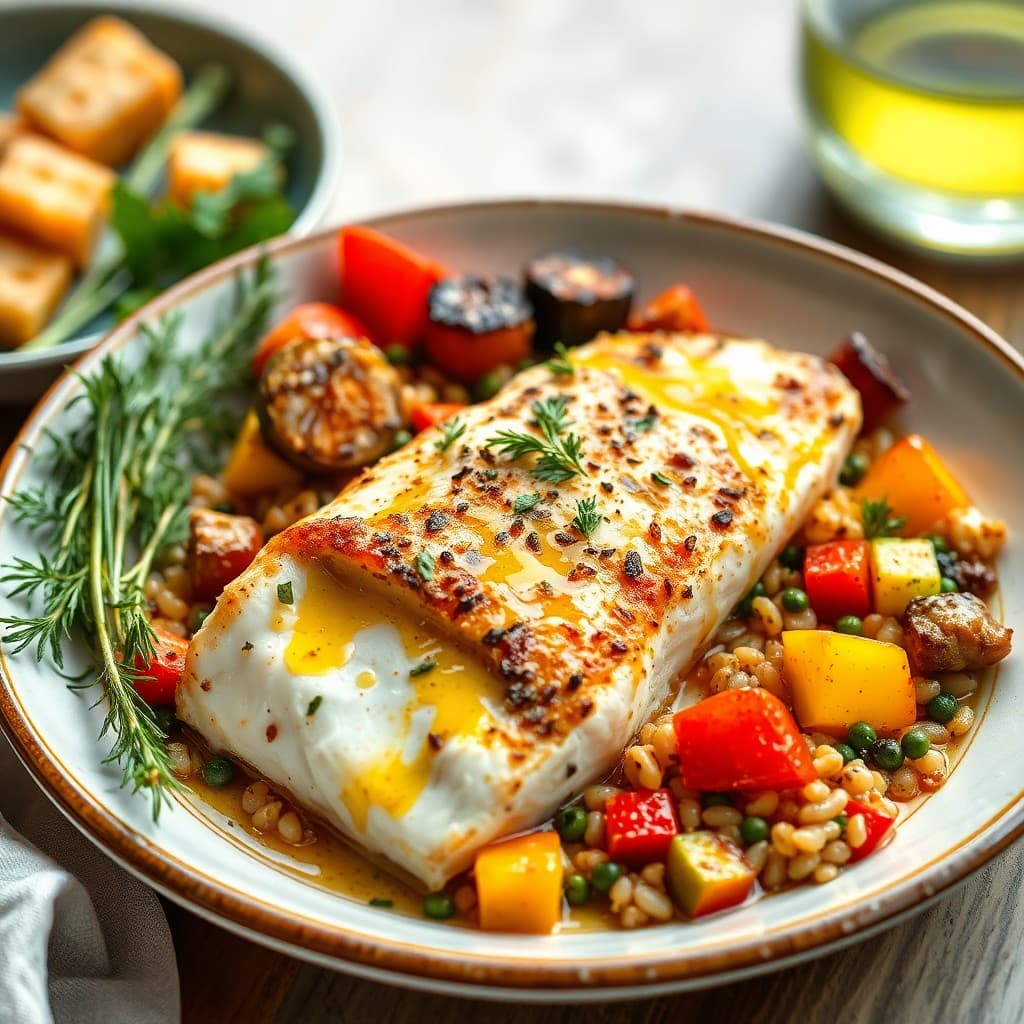 Mediterranean Baked Halibut with Roasted Vegetables