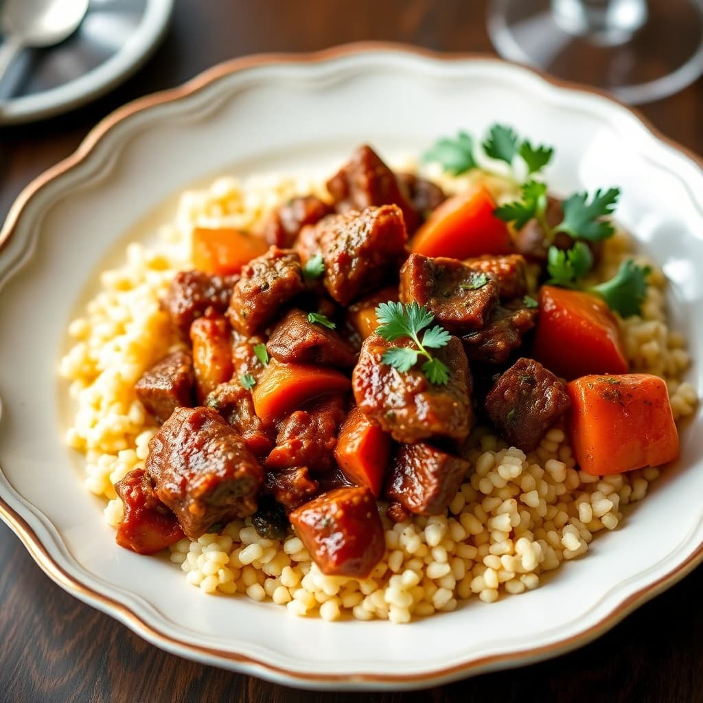 Spicy Moroccan Beef Stew with Roasted Vegetable Couscous