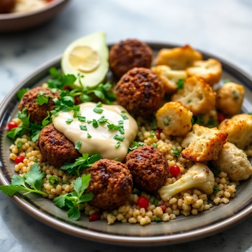 Lebanese Falafel & Tahini-Dressed Farro Salad with Roasted Cauliflower