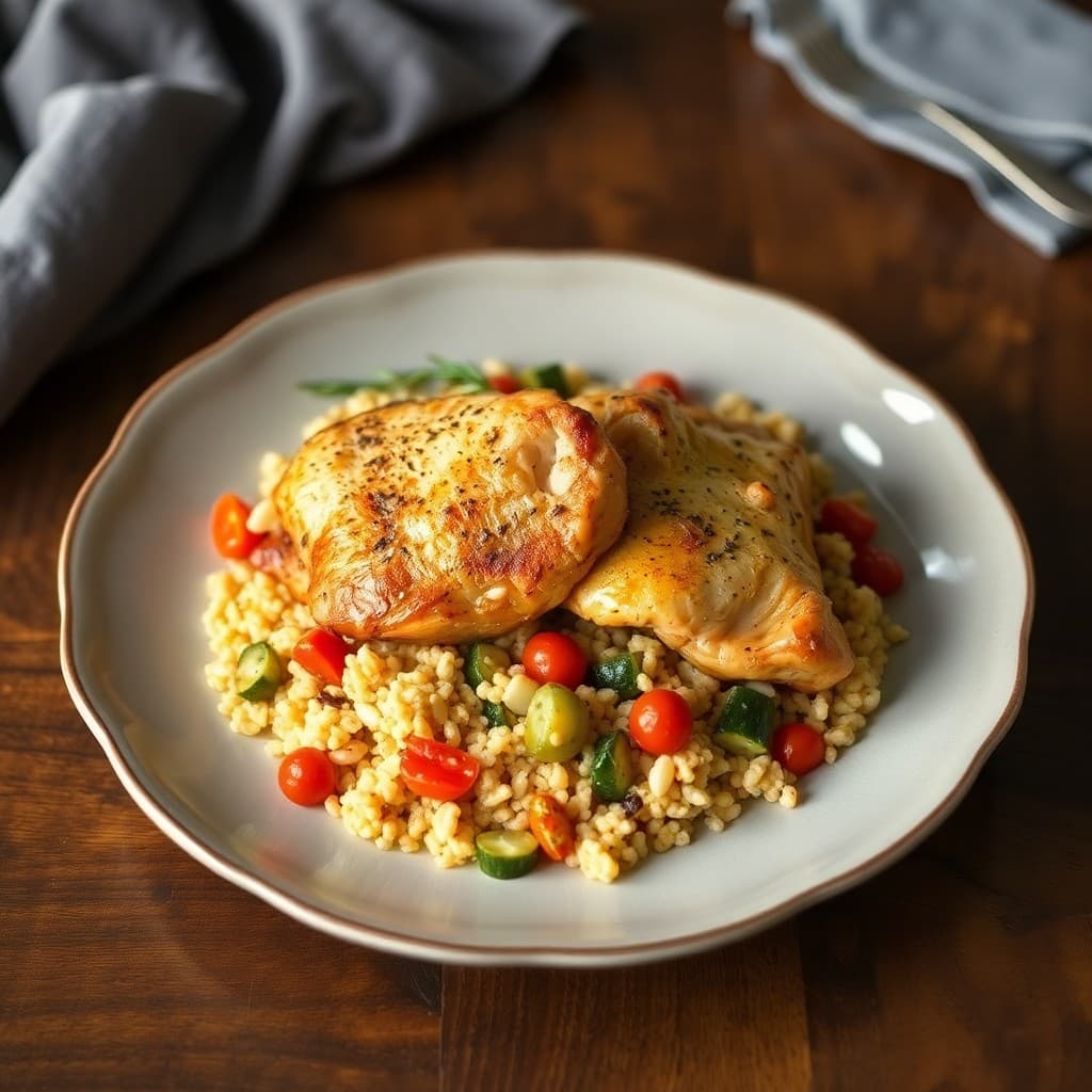 Rosemary Garlic Chicken Thighs with Roasted Veggie Couscous