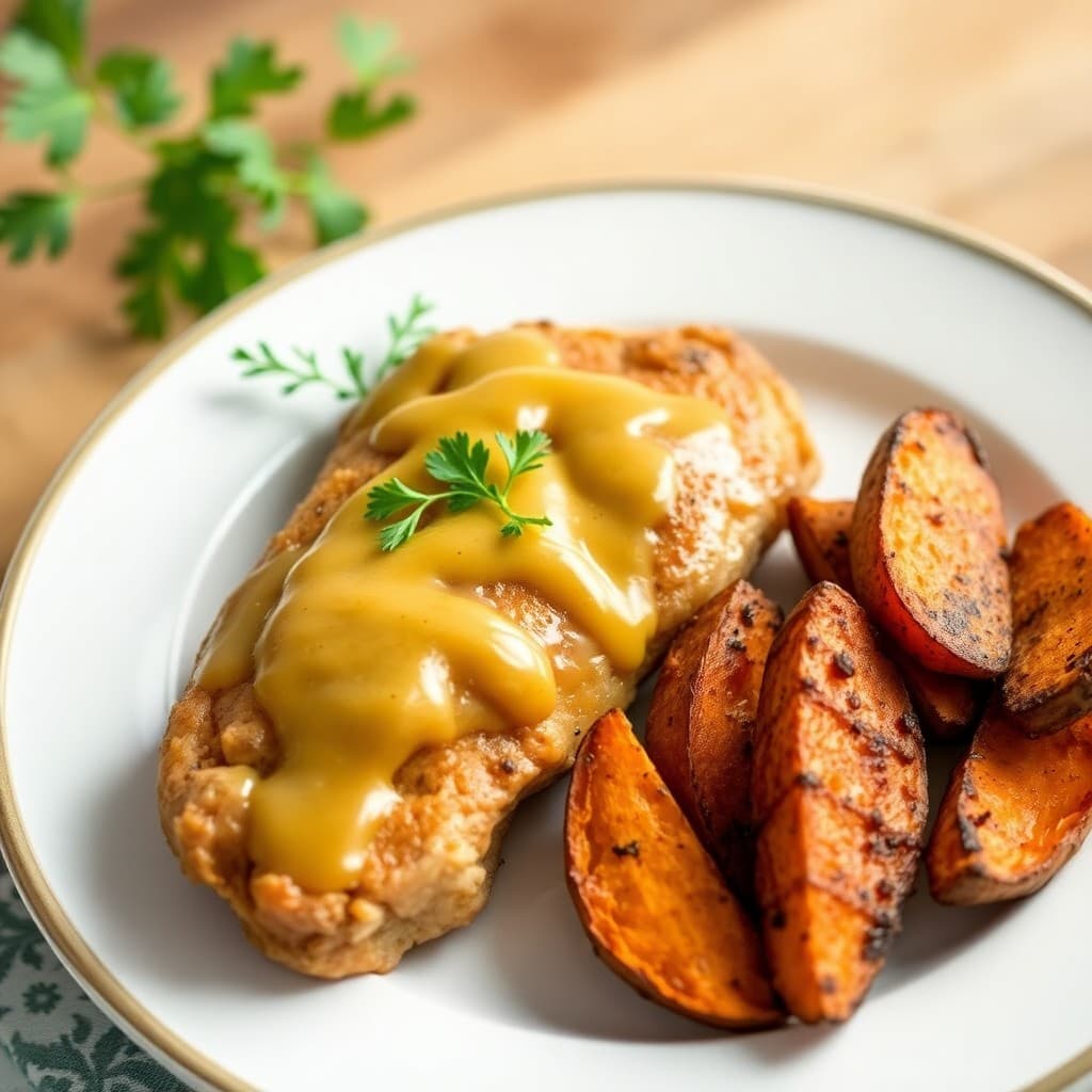 Honey Mustard Baked Chicken with Roasted Sweet Potato Wedges