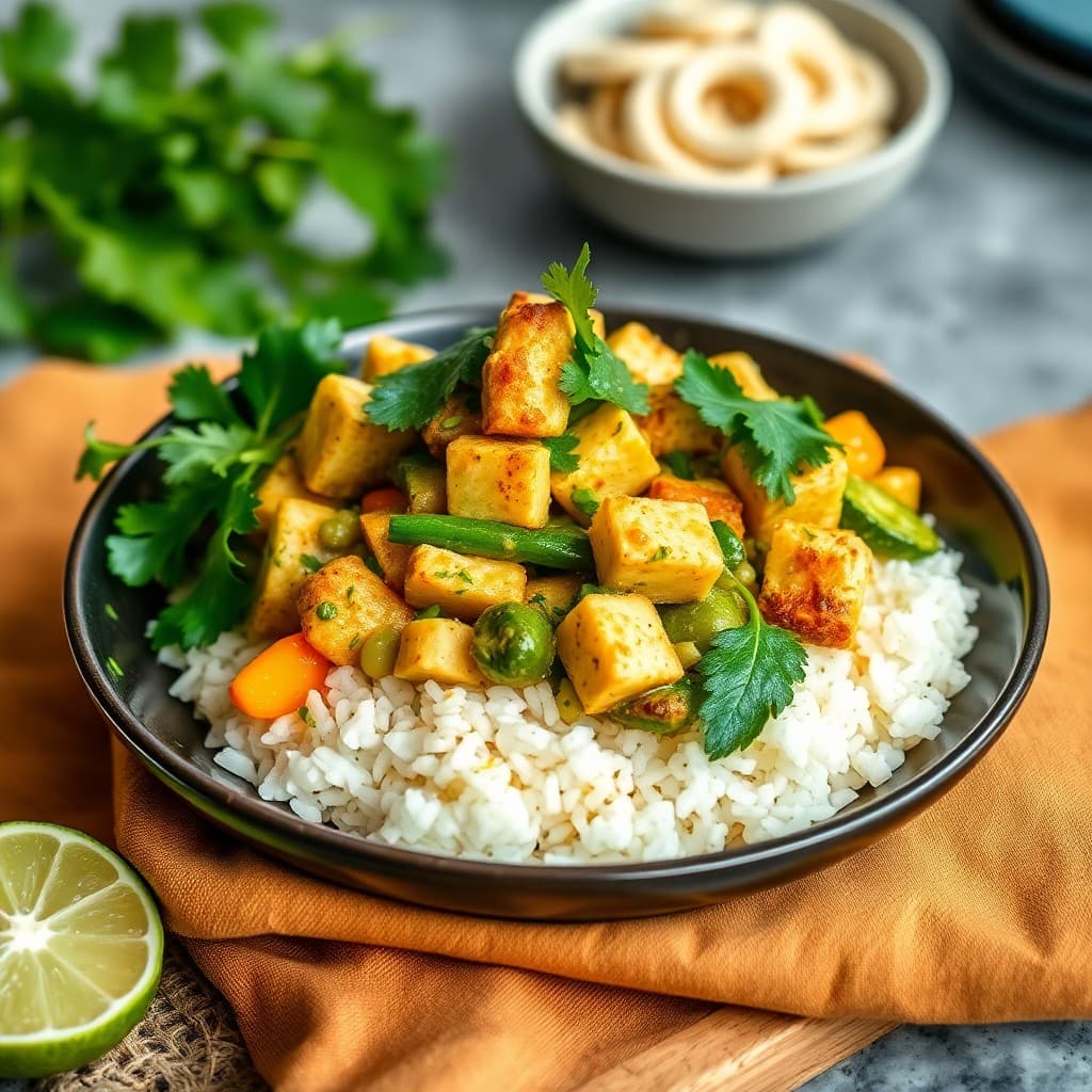 Thai Green Curry Tempeh with Coconut-Lime Rice