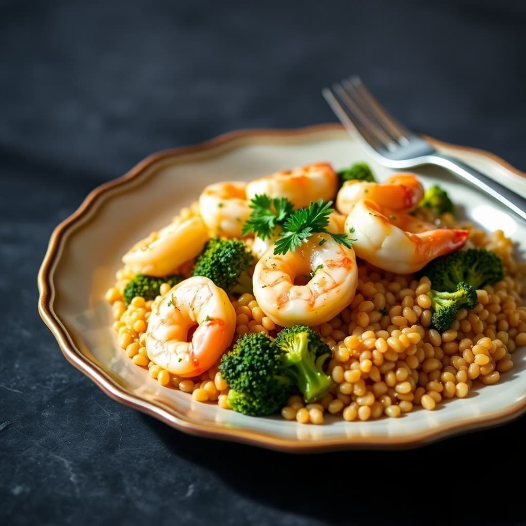 Zesty Lemon-Garlic Shrimp Scampi with Roasted Broccoli and Farro
