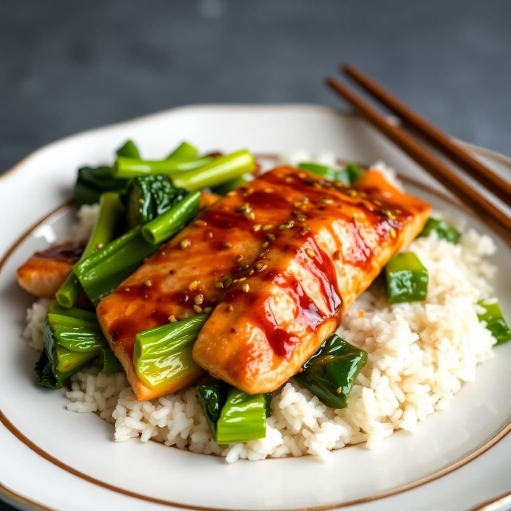 Teriyaki Salmon Stir-Fry with Bok Choy and Jasmine Rice