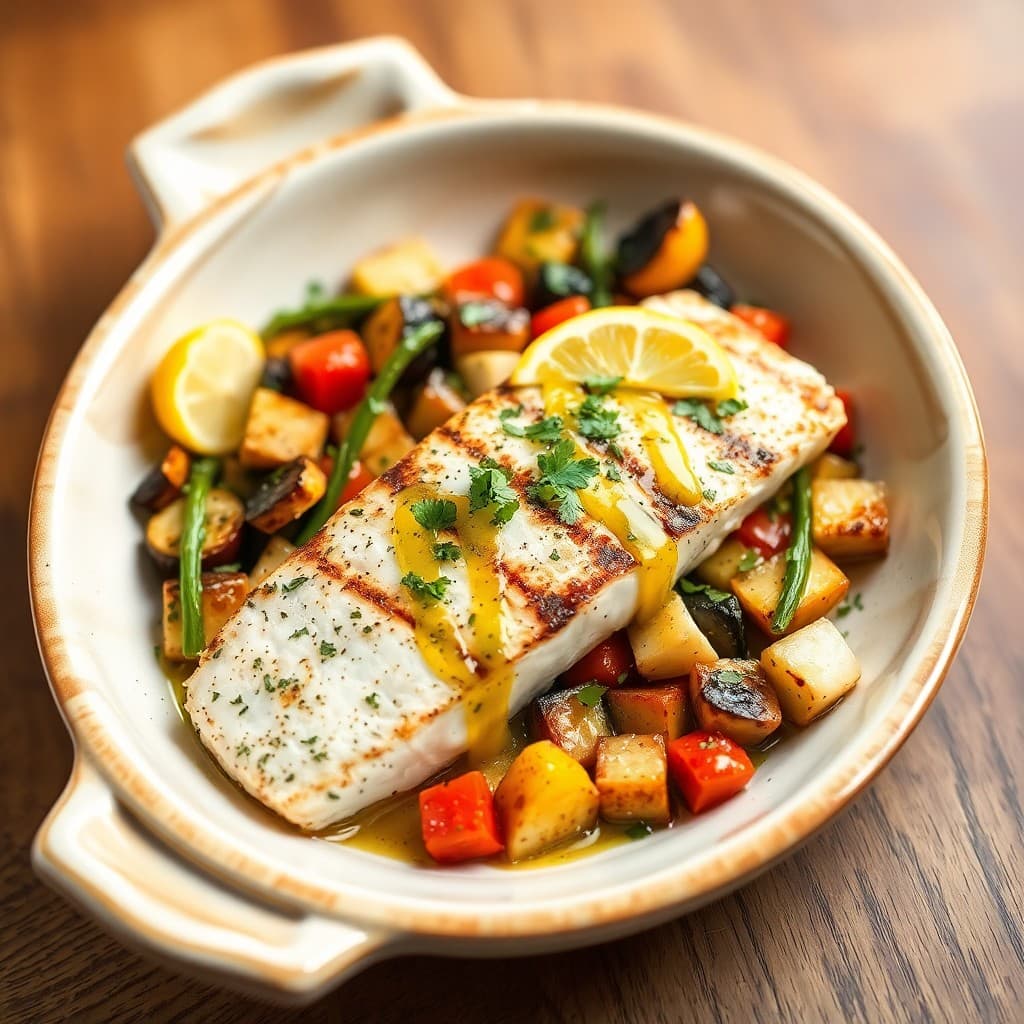Grilled Lemon-Herb Halibut with Roasted Mediterranean Vegetables
