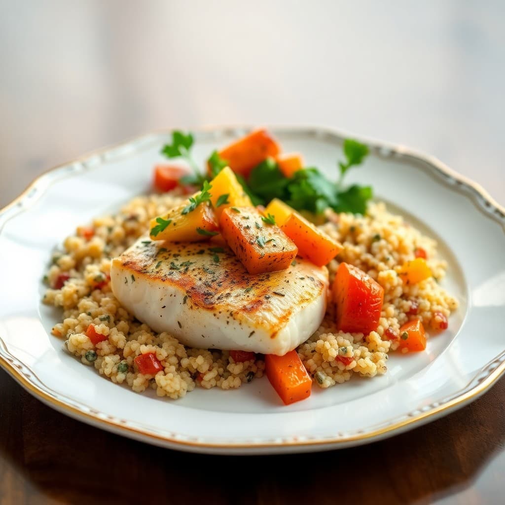 Mediterranean Baked Cod with Roasted Vegetables and Herbed Bulgur