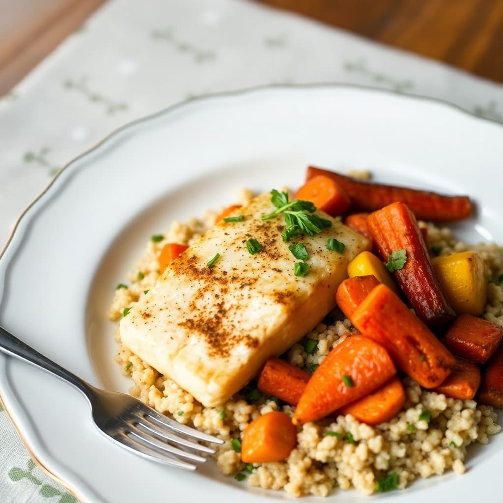 Moroccan-Spiced Cod with Roasted Root Vegetables & Herbed Couscous