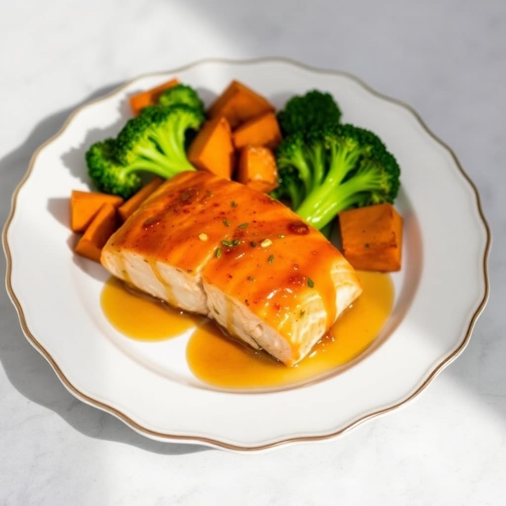 Honey Garlic Glazed Salmon with Roasted Sweet Potatoes and Broccoli