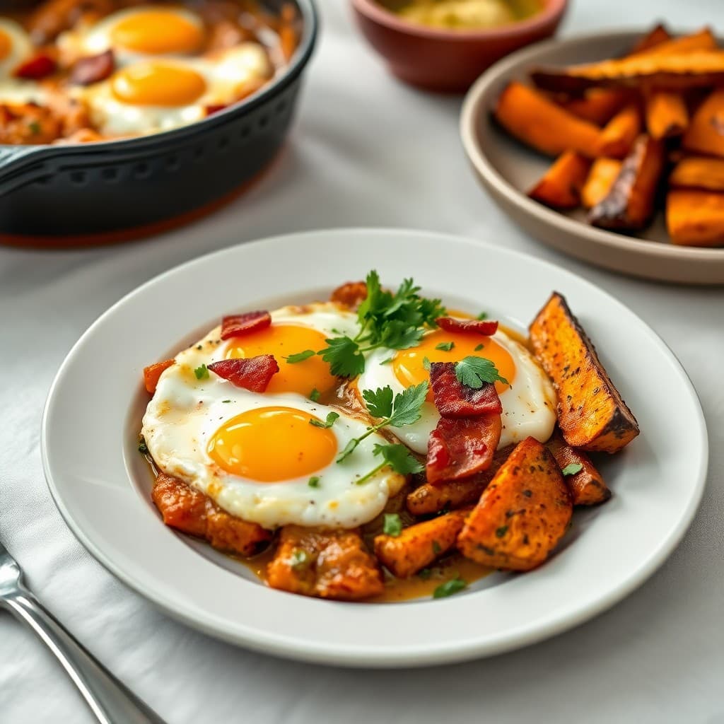 Moroccan-Spiced Egg Tagine with Crispy Bacon & Roasted Root Vegetables