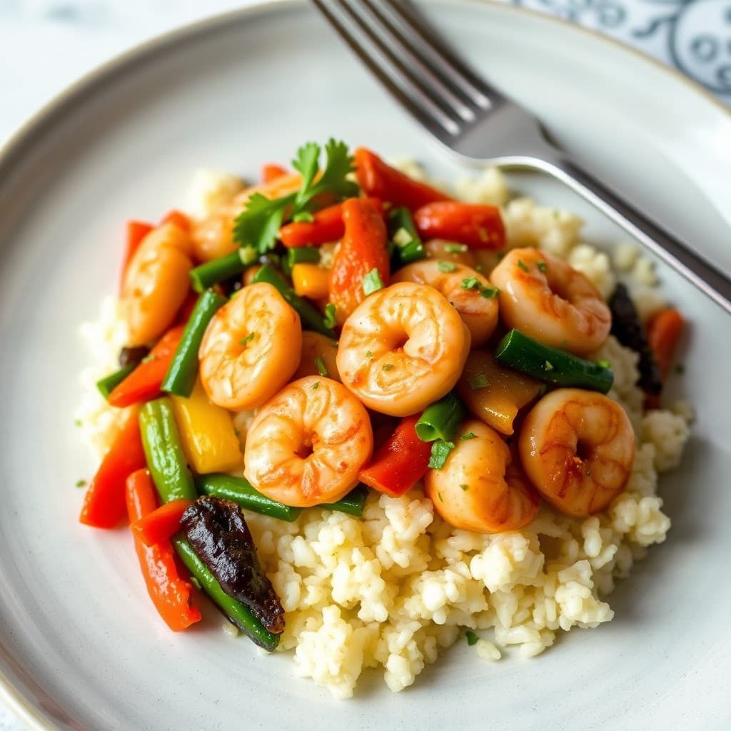 Sautéed Shrimp and Vegetable Stir-Fry with Garlic Cauliflower Rice