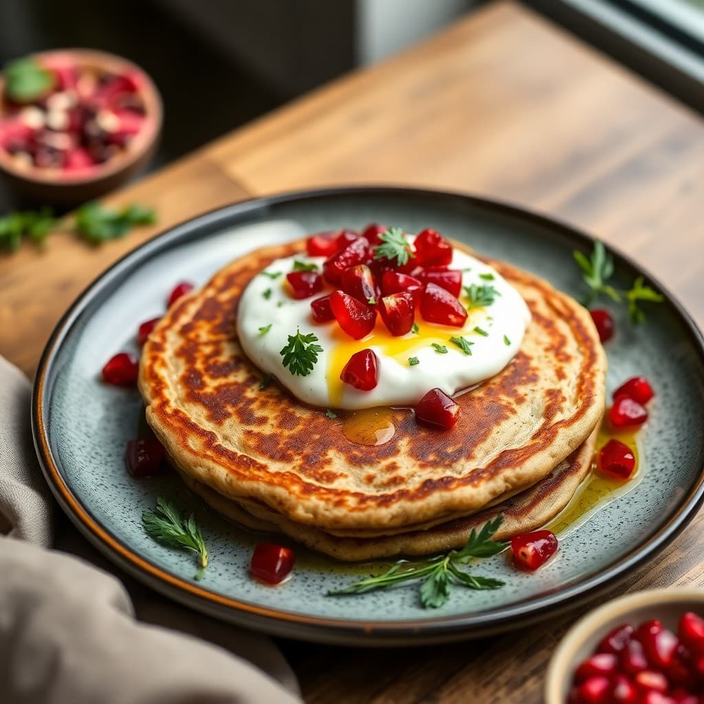 Lebanese Chickpea & Herb Pancakes with Labneh & Pomegranate
