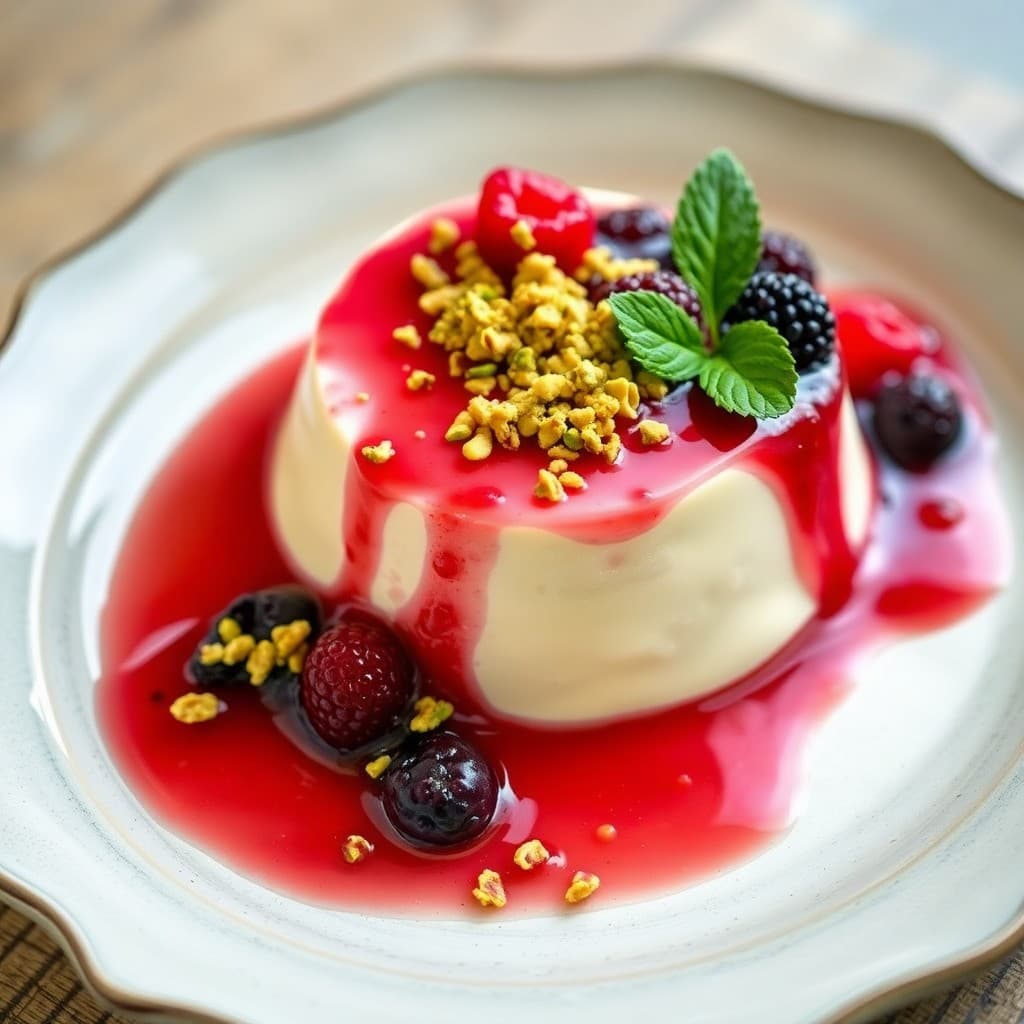 French Lavender Honey Panna Cotta with Crushed Pistachio & Berry Compote