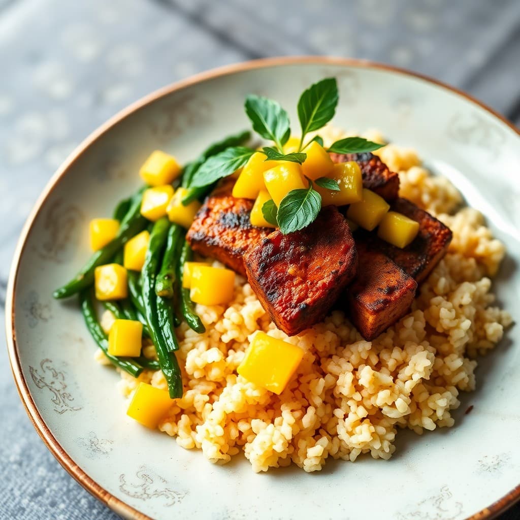 Jamaican Jerk Tempeh & Mango Salsa with Coconut Rice