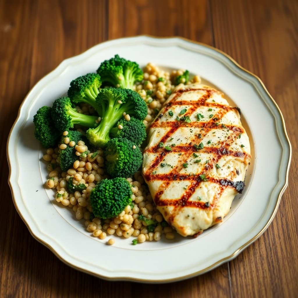 Grilled Lemon-Herb Chicken with Roasted Broccoli and Farro Salad