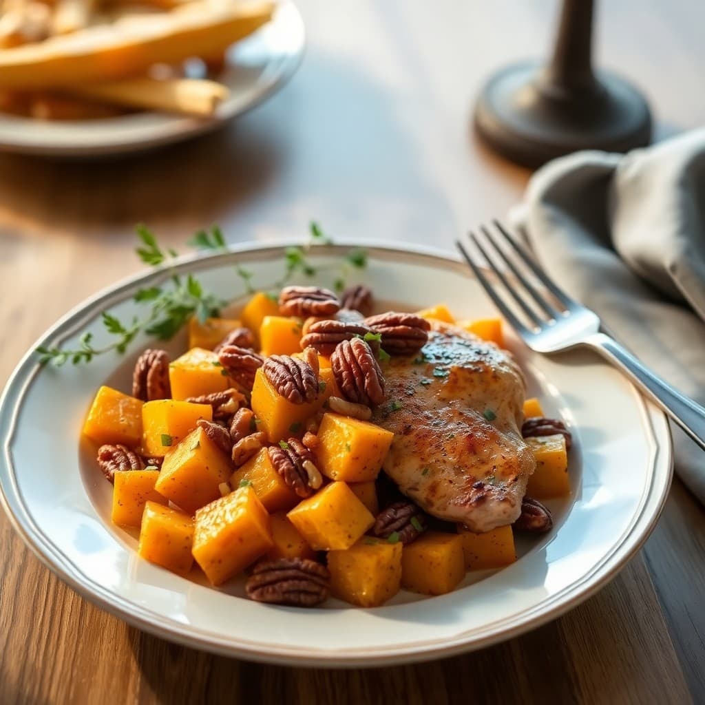 Roasted Butternut Squash with Chicken and Pecans