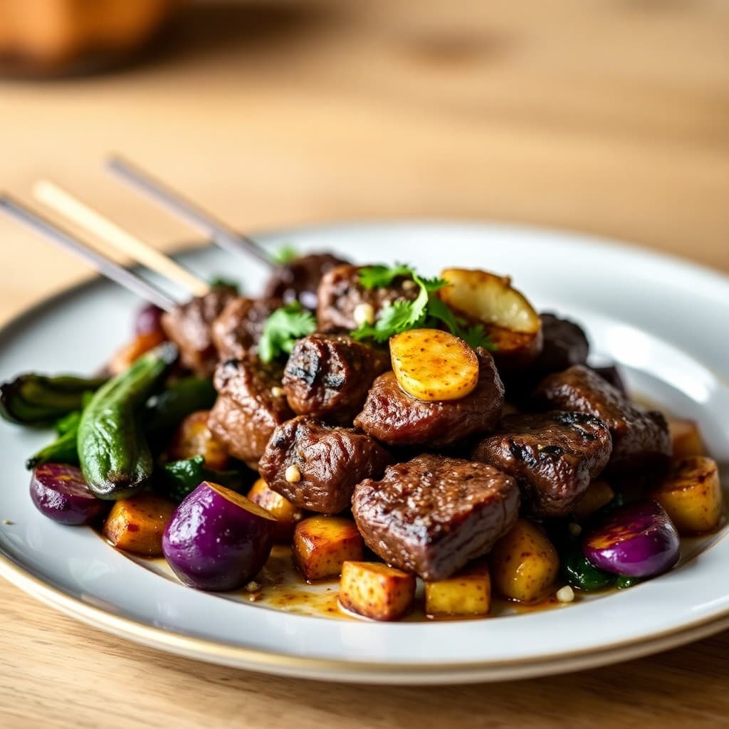 Peruvian-Spiced Grass-Fed Beef Anticuchos with Purple Potato & Charred Poblano Medley