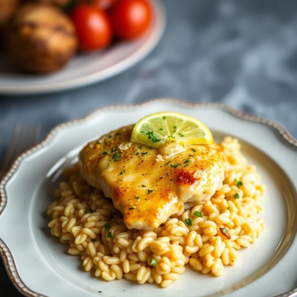 Zesty Lemon Chicken Piccata with Roasted Garlic Parmesan Orzo