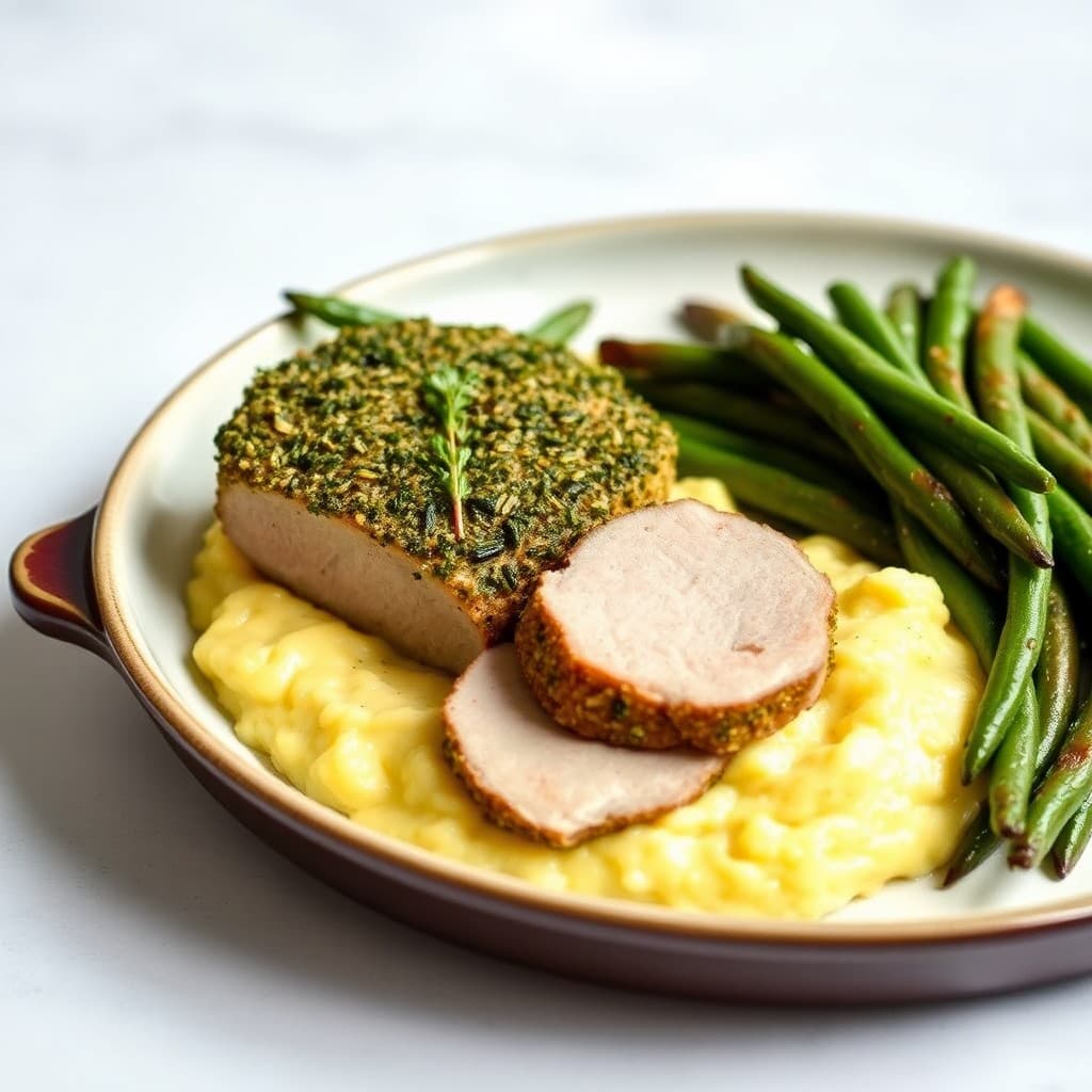 Tuscan Herb-Crusted Pork Tenderloin with Creamy Polenta & Roasted Garlic Green Beans