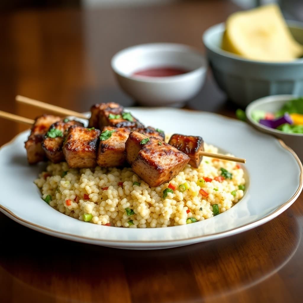 Balsamic Glazed Pork Tenderloin Skewers with Roasted Vegetable Couscous