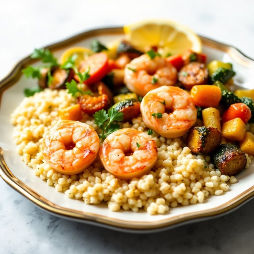 Zesty Lemon-Garlic Grilled Shrimp with Roasted Veggie Couscous