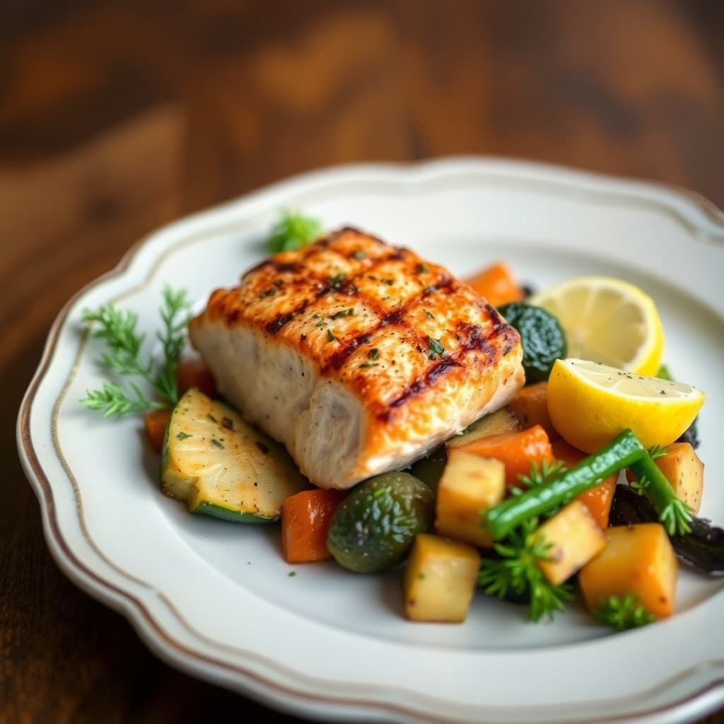 Grilled Salmon with Roasted Winter Vegetables