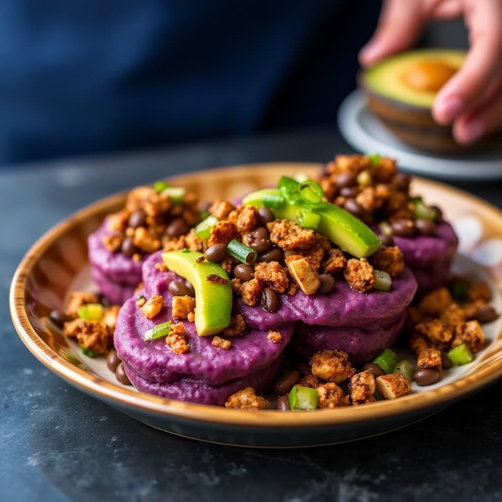 Peruvian Purple Potato & Black Bean Causa with Crispy Tempeh & Avocado