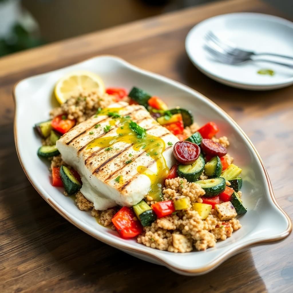 Mediterranean Grilled Halibut with Roasted Veggies and Quinoa