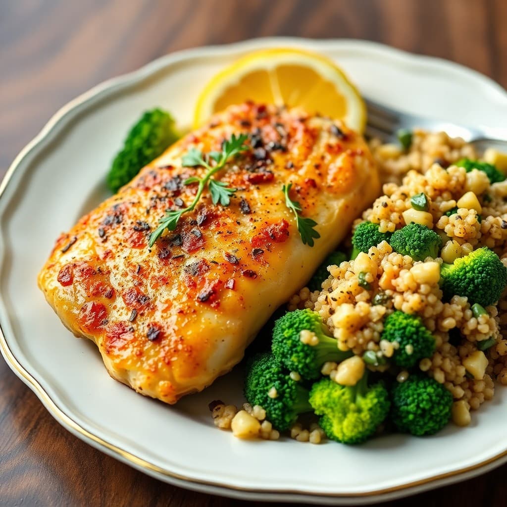 Zesty Citrus-Baked Chicken with Roasted Broccoli and Quinoa Salad