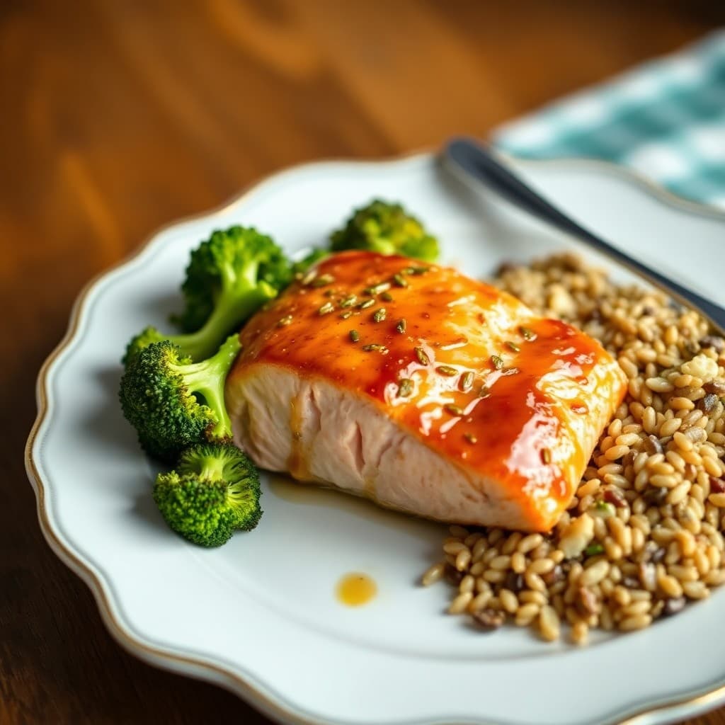 Honey Garlic Glazed Salmon with Roasted Broccoli and Farro