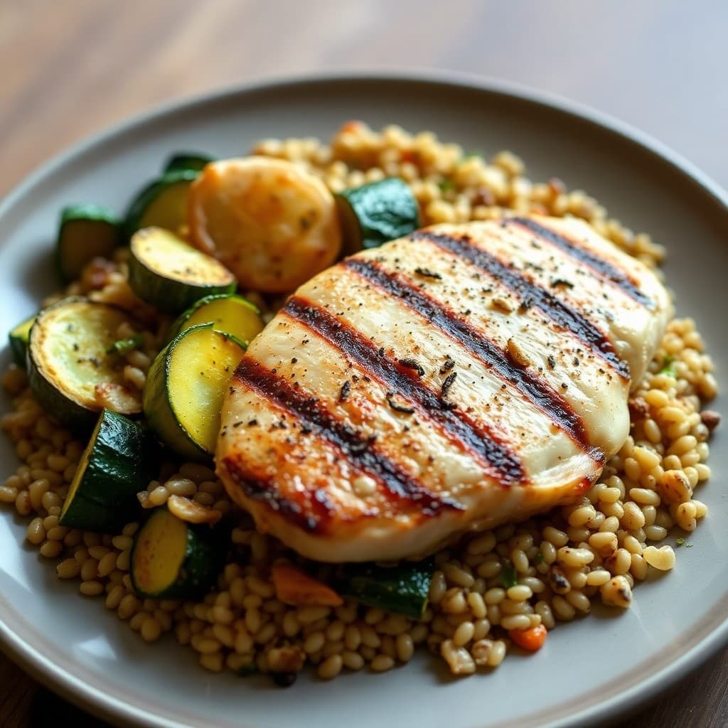 Grilled Lemon-Garlic Chicken with Roasted Zucchini and Barley