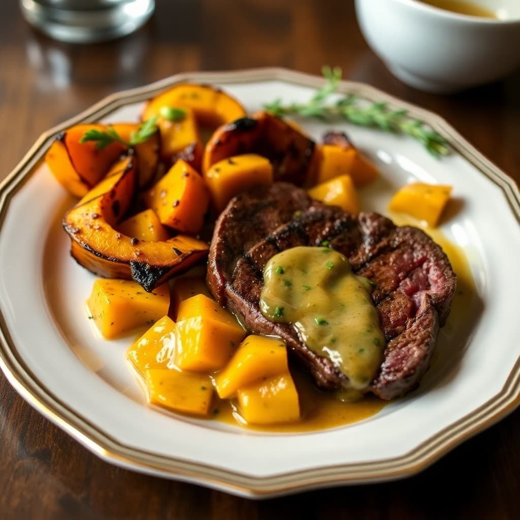Roasted Autumn Squash with Seared Steak and Garlic Butter