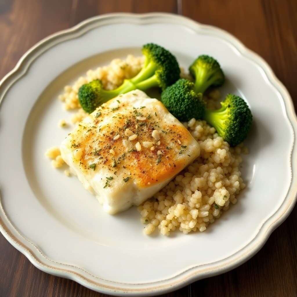 Garlic Herb Baked Cod with Roasted Broccoli and Quinoa